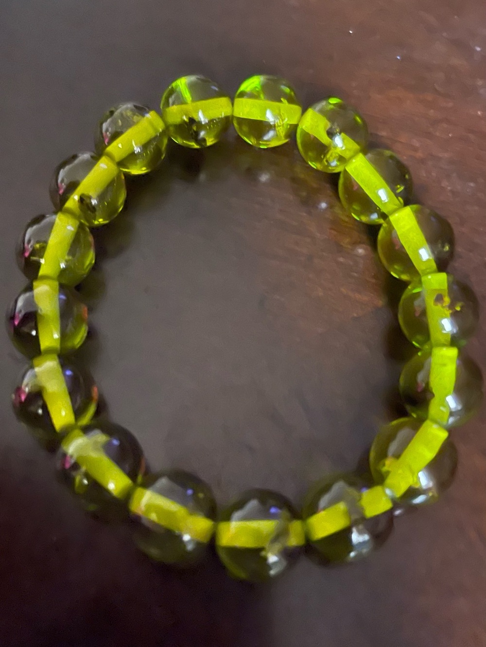 Olive Green Glass Bead with insets resembling green Amber stone bracelet Jewelry